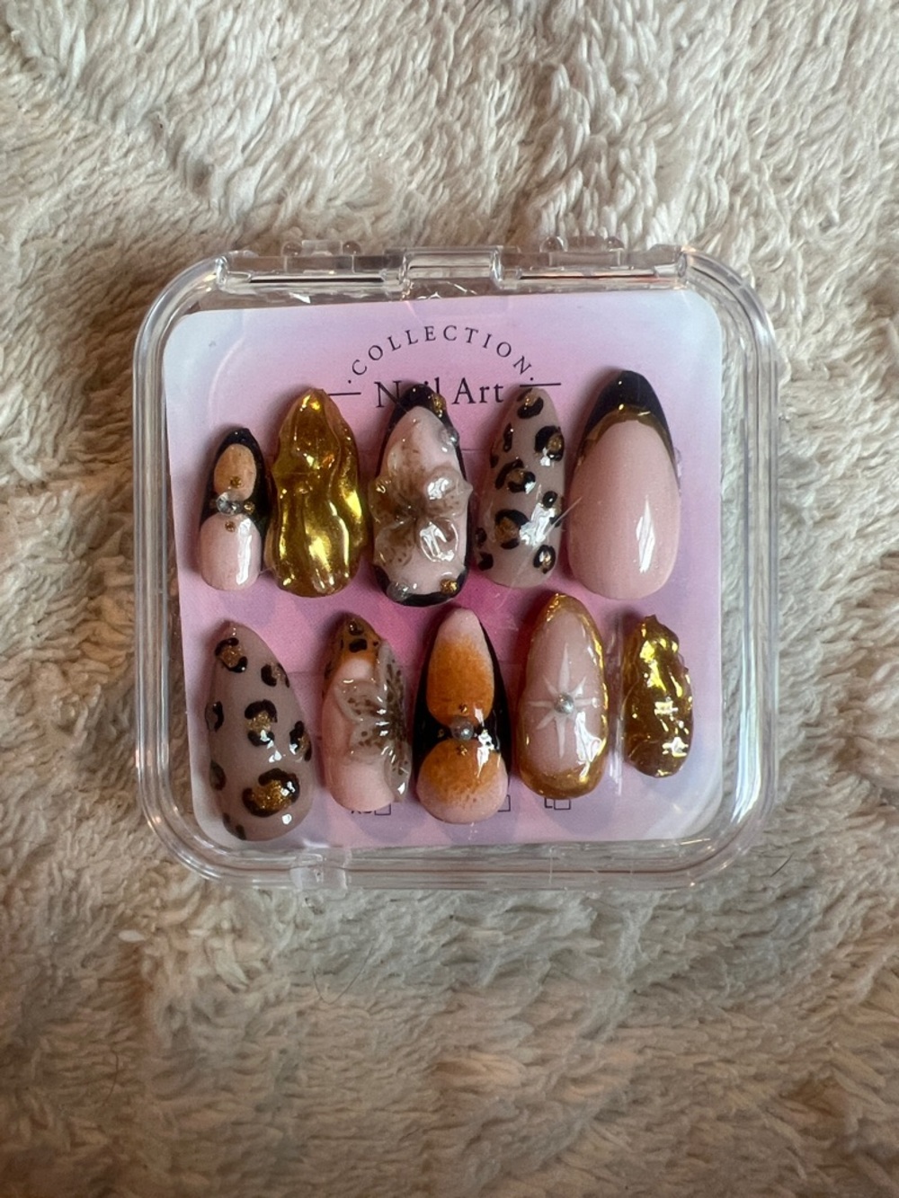 Nail Art Press-On Set in Orange, Gold & Leopard